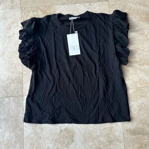 Zara Black Ruffled Short Sleeve Cotton Tee